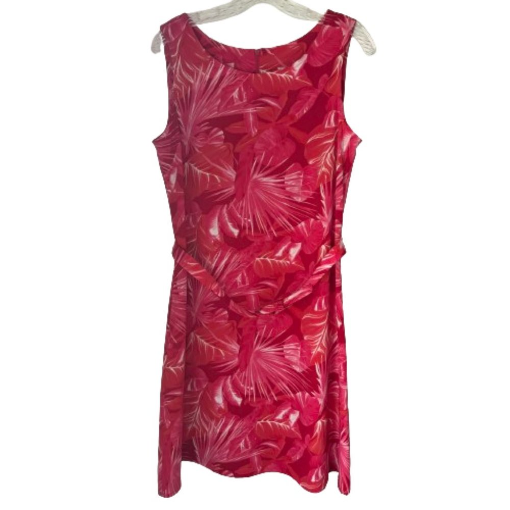 Vintage 80's Leslie Belle Pink Tropical Fern Belted Petite Shift Dress Sz. P10